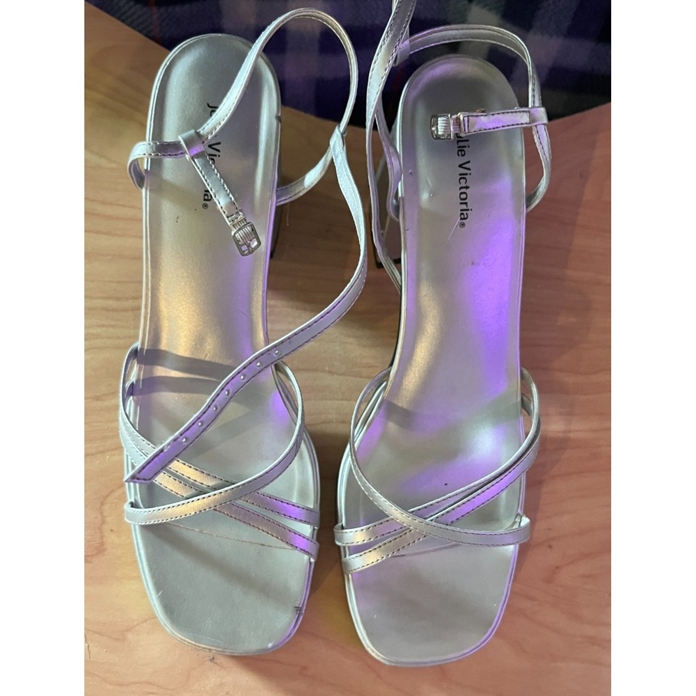 JOLIE VICTORIA Heels Womens 10 Silver Strappy Ankle Strap Block Heel